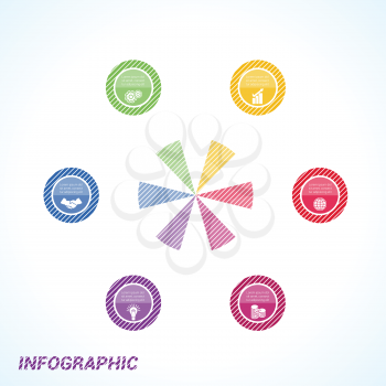 Colourful striped circles, template for infographics six positions