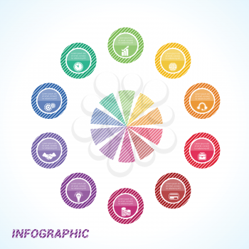 Colourful striped circles, template for infographics ten positions