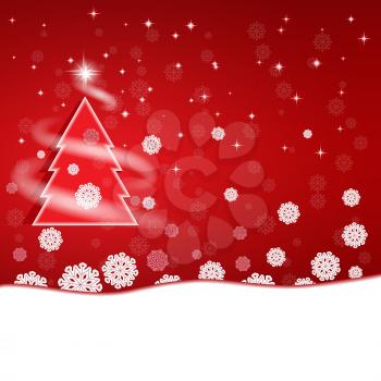 Red Christmas New Year background with snowflakes, stars and fir tree 