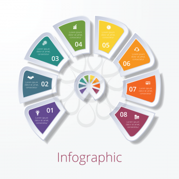 Template infographic, semicircle diagram with eight multicolored elements around center. Business strategy.