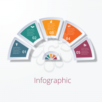  Template infographic, semicircle diagram with five multicolored elements around center. Business strategy. 