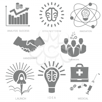 Set icons for infographics handshake, brainstorm, innovation, medical, idea, launch