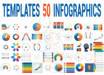 50 Vector Templates for Infographics, pie chart, ring chart, area chart, timeline, list diagram with text areas for six positions.