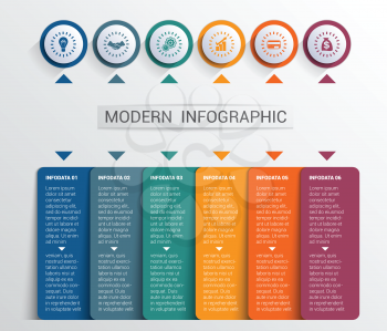Infographics design template, color buttons and numbered 6 plates shapes, modern website template.