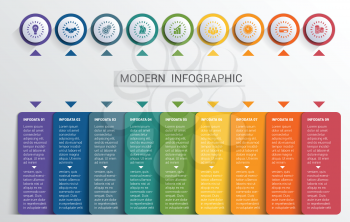 Infographics design template, color buttons and numbered 9 plates shapes, modern website template.