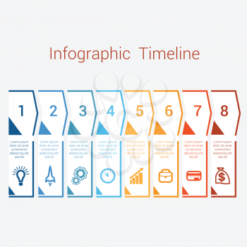 Timeline Infographic colored arrows from lines. Area chart Business Infographic template with text areas for eight position, Eps file is layered and fully organised, objects are grouped