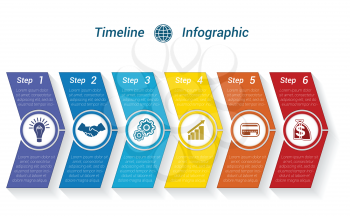 Template Timeline Infographic from colour arrows numbered for 6 position can be used for workflow, banner, diagram, web design, area chart