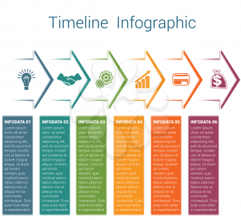 Set horizontal color arrows, template infographic for six position, options, steps or processes. Business creative concept data visualization.