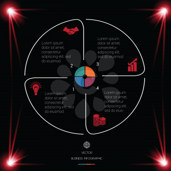  Business chart for presentations. Circle Lines Infographic 4 Positions dark background with red light 