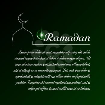 Template vector with moon, mosque, dark green background with inscription Ramadan.