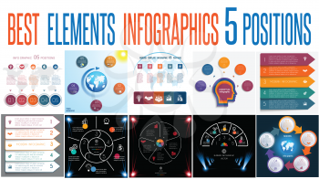 Set 10 universal templates elements Infographics conceptual cyclic processes for 5 positions possible to use for work flow, banner, diagram, web design, time line, area chart,number options