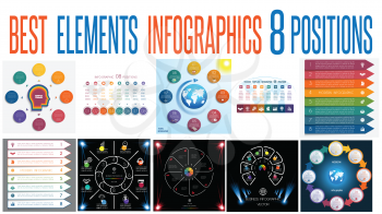 Set 10 universal templates elements Infographics conceptual cyclic processes for 8 positions possible to use for work flow, banner, diagram, web design, time line, area chart,number options