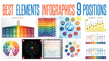 Set 10 universal templates elements Infographics conceptual cyclic processes for 9 positions possible to use for work flow, banner, diagram, web design, time line, area chart,number options 