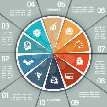 Infographic Pie chart template from colourful circle with text areas on ten positions