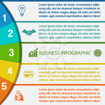 Infographics strips and colorful semicircle for business conceptual cyclic processes on five positions possible to use for workflow, banner, diagram, web design, timeline, area chart