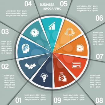 Infographic Pie chart template from colourful circle with text areas on nine positions