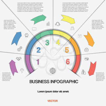 Infographic for success business project template with text areas on six positions, Easy to edit vector illustration with 6 colour arrows and semicircle