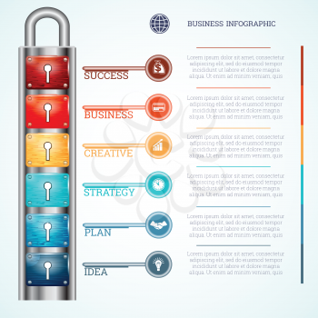 Abstract Creative concept vector business infographics, template padlock with six keyholes and keys, place for text of 6 positions 