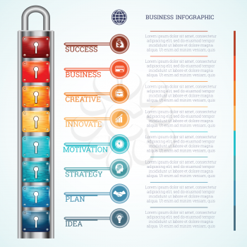 Abstract Creative concept vector business infographics, template padlock with eight keyholes and keys, place for text of 8 positions