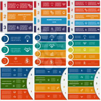  9 templates, Infographics cyclic processes, Business concept,  colorful strips on three, four, five options possible to use for work flow, banner, diagram, web design, time line, area