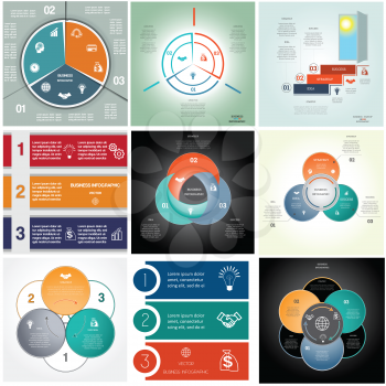Set 9 templates, Infographics business conceptual cyclic processes three positions for text area, possible to use for workflow, diagram, timeline, area chart