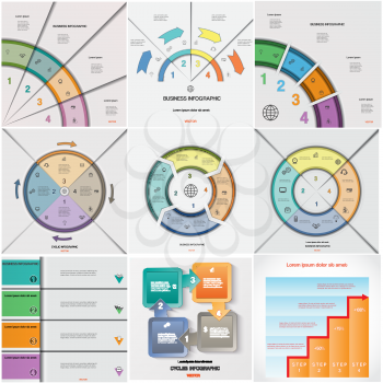 Set 9 templates Business Concept Infographics for business conceptual cyclic processes, on four positions possible to use for workflow, banner, diagram, web design, timeline, area chart 