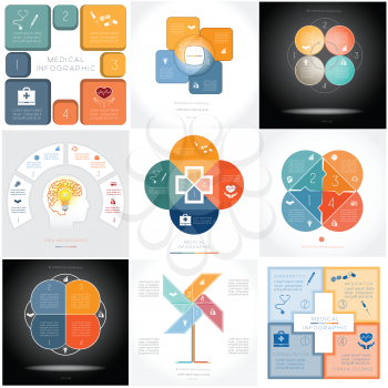 Set 9 templates, Infographics conceptual cyclic processes, four positions for text area, possible to use for medical banner, diagram, web design, timeline, area chart 