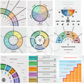 Set 9 templates. Infographics for business conceptual cyclic processes, five positions possible to use for workflow, banner, diagram, web design, timeline, area chart 