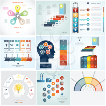 Infographics 9 templates conceptual cyclic processes, five positions for text area, possible to use for workflow, banner, diagram, web design, timeline, area chart