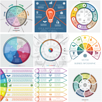 Set 9 templates, Infographics business conceptual cyclic processes, seven positions for text area, possible to use for workflow, banner, diagram, web design, timeline, area chart