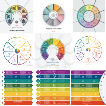 Set 9 templates. Infographics for business conceptual cyclic processes on eight positions possible to use for workflow, banner, diagram, web design, timeline, area chart 