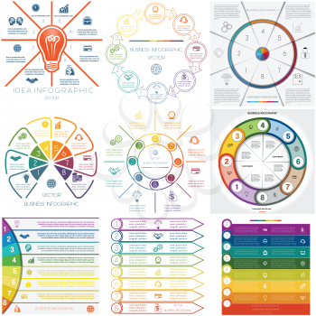 Set 9 templates. Infographics for business conceptual cyclic processes. Eight  positions possible to use for workflow, banner, diagram, web design, timeline, area chart 