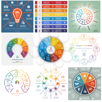 Set 9 templates, Infographics business conceptual cyclic processes, eight positions for text area, possible to use for workflow, banner, diagram, web design, timeline, area chart