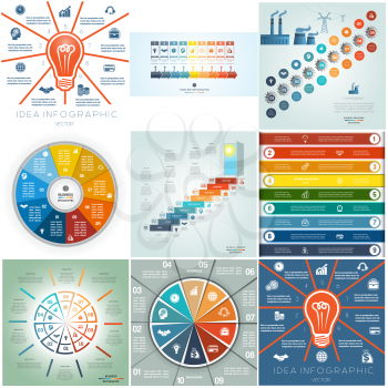 9 templates Infographics business conceptual cyclic processes nine and ten steps, options parts or positions for text area, possible to use for workflow, diagram, timeline, area chart