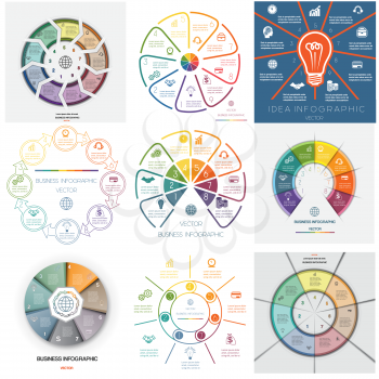 Set 9 templates. Infographics for business conceptual cyclic processes on seven, eight, nine  positions possible to use for workflow, banner, diagram, web design, timeline, area chart
