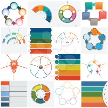 Set 16 templates, Infographics cyclic processes, five positions for text area, possible to use for workflow, banner, diagram, web design, timeline, area chart