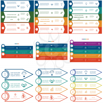 Infographics cyclic processes, 9 templates, Business concept, colorful strips on three, four, five options possible to use for work flow, banner, diagram, web design, time line, area
