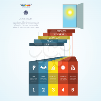  Vector illustration Infographic template steps up ladders and doorway, sky, sun, startup business concept with five steps or processes. Can be used for workflow, banner, diagram, web design, timeline, area chart,number options