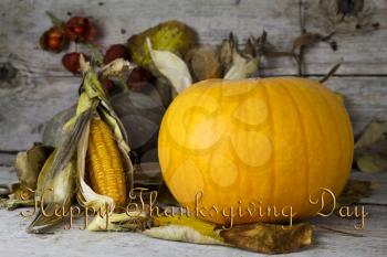 Happy Thanksgiving Day, Decoration on a wooden table with Pumpkins, Corncob and autumn leaves