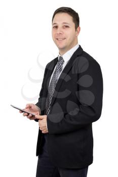 Businessman in Black Suit Holding Smartphone in Hand Against White Background