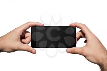 Smartphone in Hands With Blank Screen For Copy Space Isolated On White Background