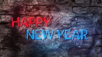 Happy New Year 2020. Glowing Neon Sign Against Brick Wall 