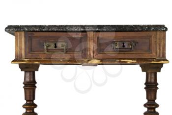 Vintage Marble Top Wooden Desk With Drawers Isolated On White Background