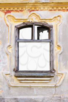 Window Frame With Vintage Decor On a Ornate, Rustic, Worn, Aged Wall
