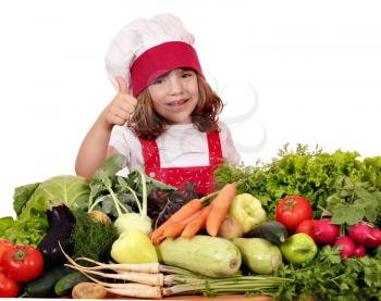 happy little girl cook with thumb up and vegetables