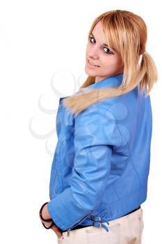 beautiful teenage girl in blue jacket posing