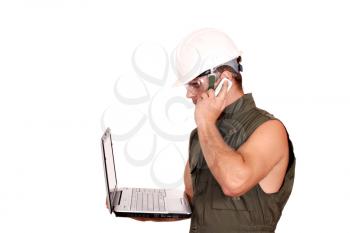 oil worker with laptop and phone on white