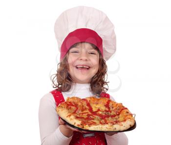 happy little girl cook with pizza on white 