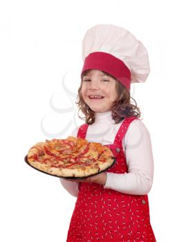 happy little girl cook with pizza on white