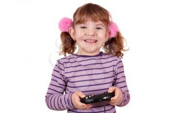 happy little girl play video game on white 